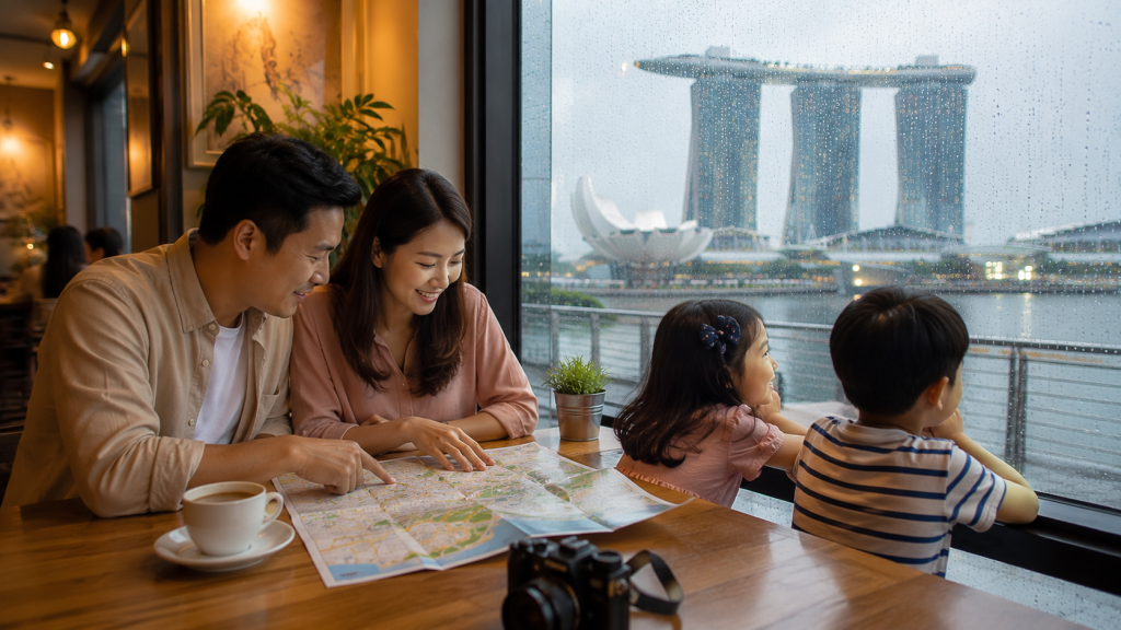 Keluarga Indonesia menyusun itinerary Singapore saat hujan