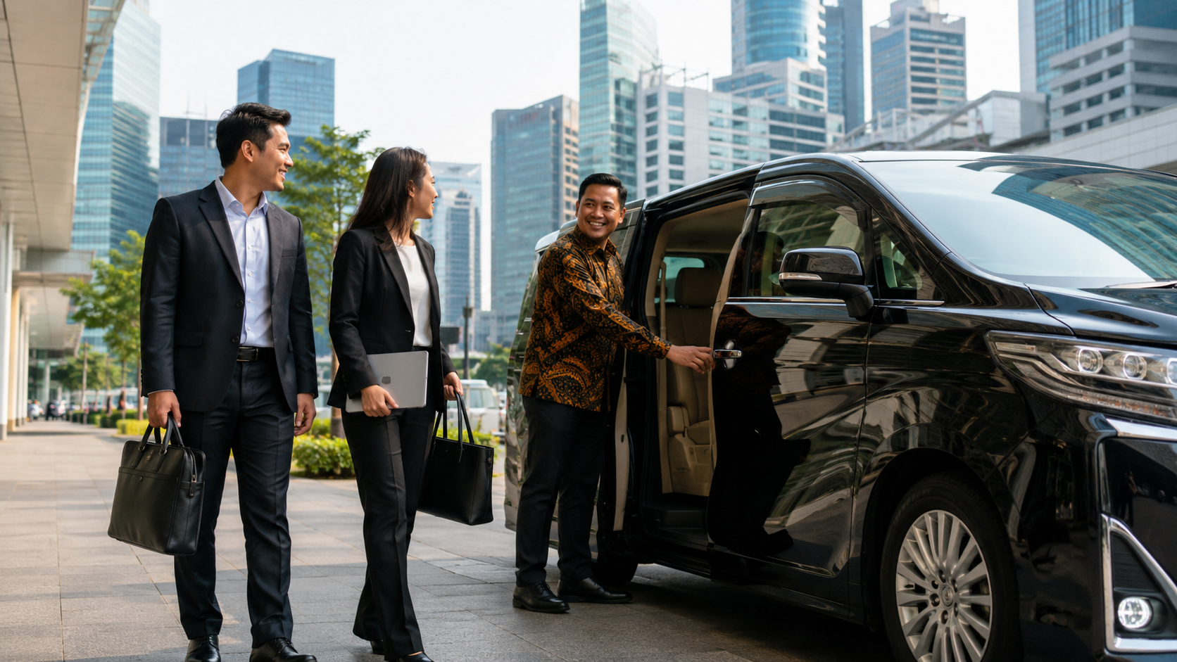 Business traveler Indonesia menggunakan Toyota Alphard private charter menuju meeting di Singapore