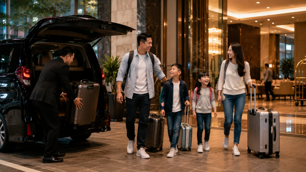 Keluarga Indonesia tiba di hotel Kuala Lumpur menggunakan airport transfer.