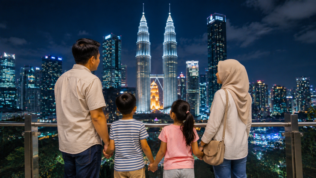 Keluarga Indonesia menikmati suasana malam Kuala Lumpur setelah liburan.