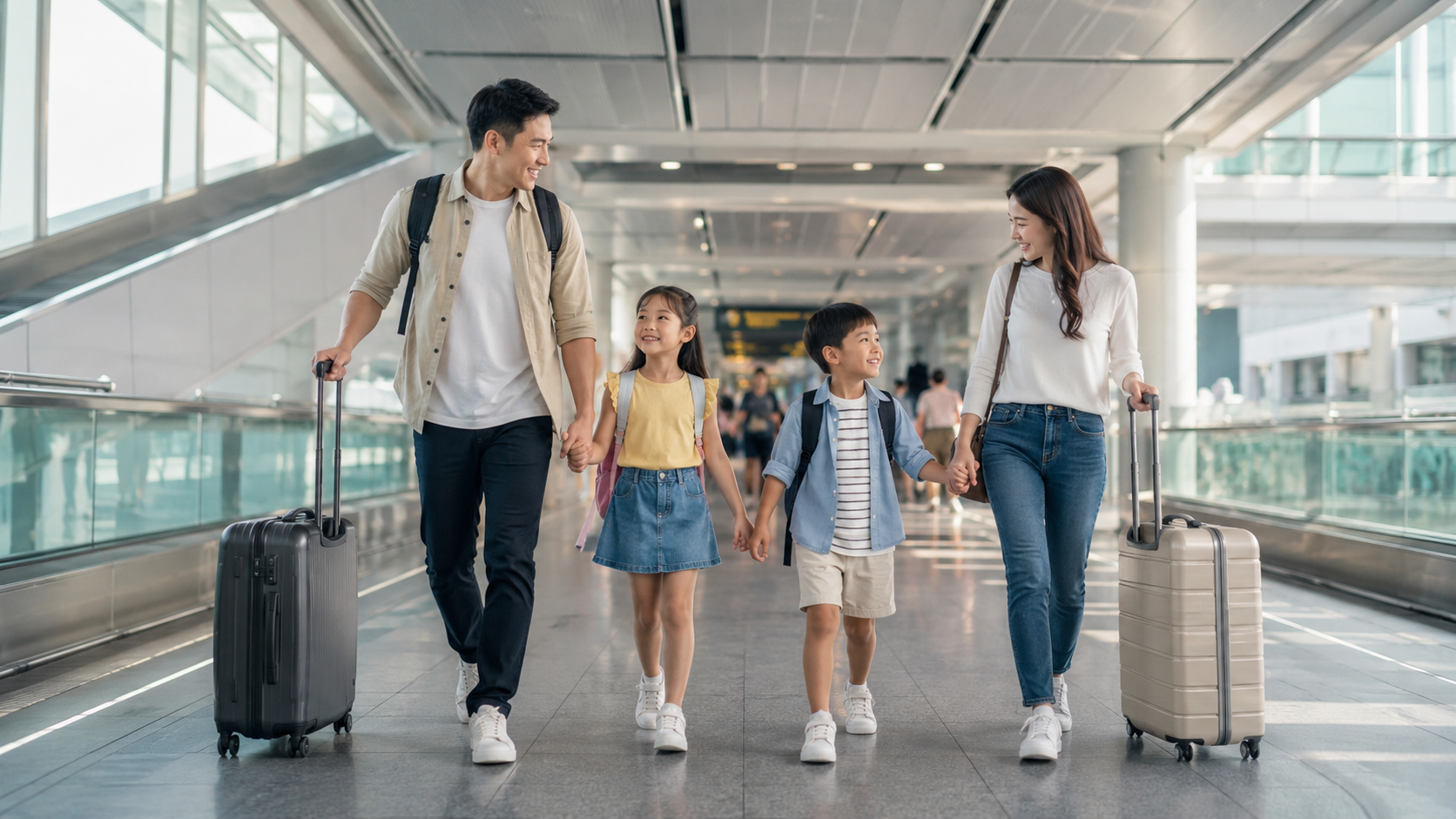 Keluarga Indonesia menuju imigrasi Singapore dengan nyaman saat memulai liburan.
