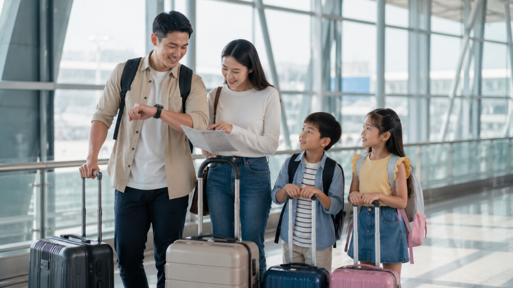 Keluarga Indonesia merencanakan waktu menuju imigrasi Singapore.