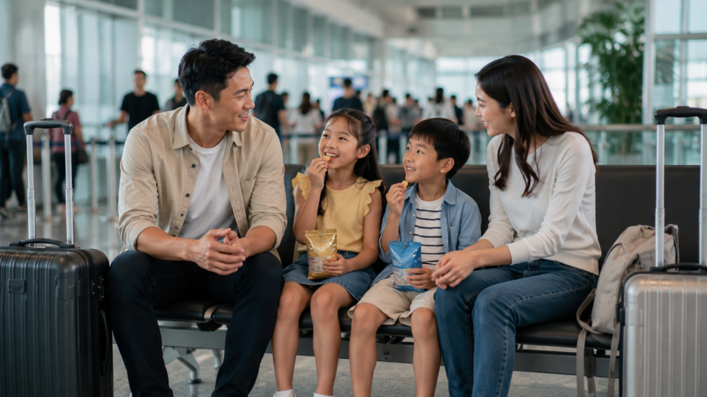 Keluarga Indonesia menunggu antrean imigrasi Singapore dengan nyaman.