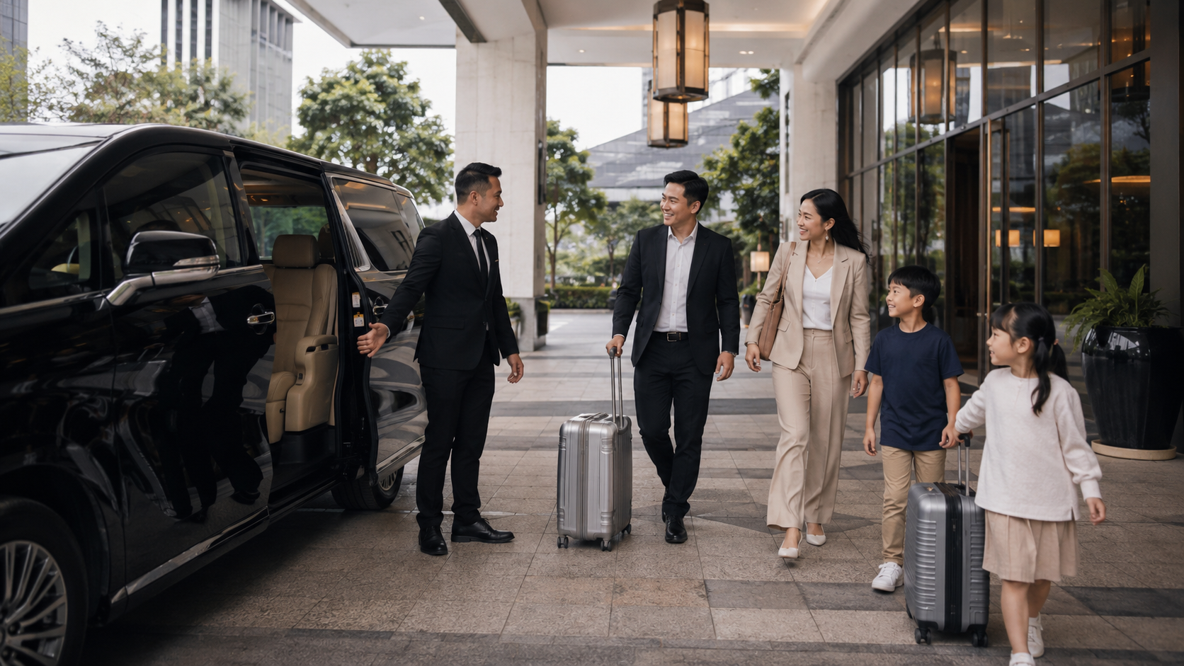 Business traveler Indonesia bersama keluarga tiba di hotel strategis Johor Bahru untuk perjalanan bisnis.