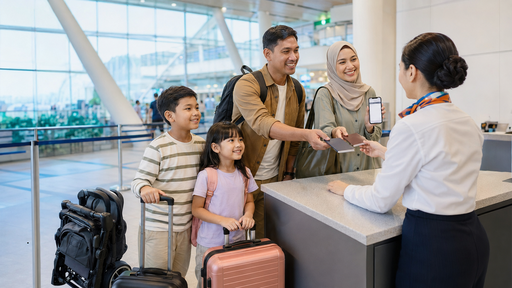 Keluarga Indonesia melakukan proses check-in ferry di Singapore