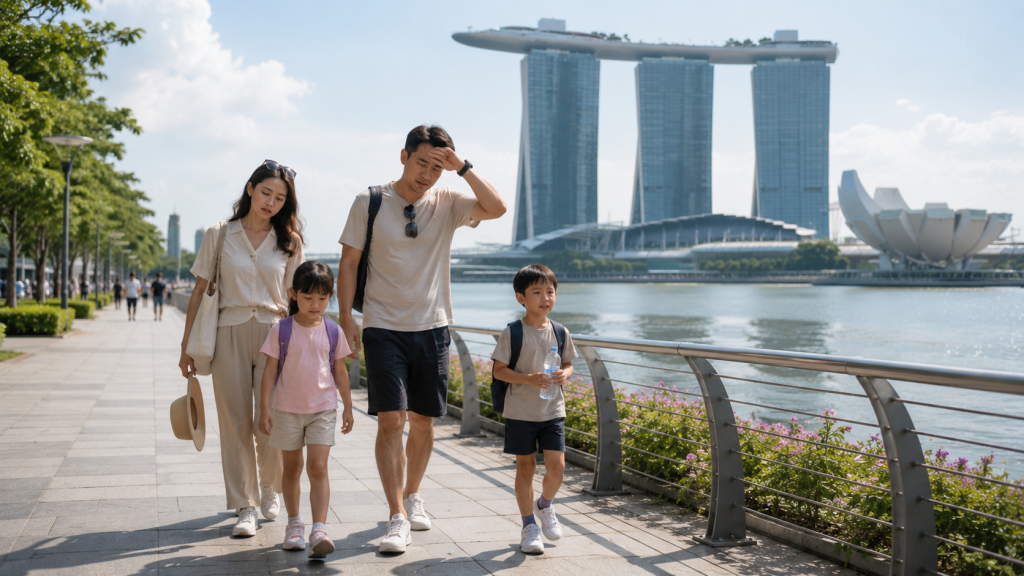 Keluarga Indonesia berjalan kaki saat city tour di kawasan Marina Bay Singapore.