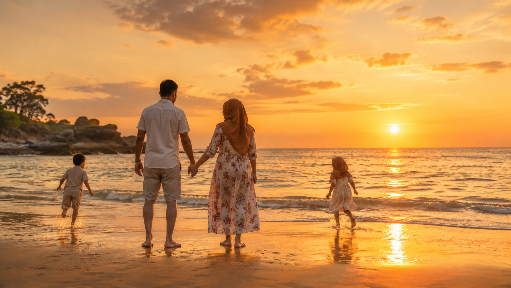 Keluarga Indonesia menikmati sunset di Pantai Port Dickson Malaysia