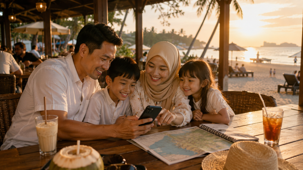 Keluarga merencanakan waktu terbaik menikmati sunset di Malaysia
