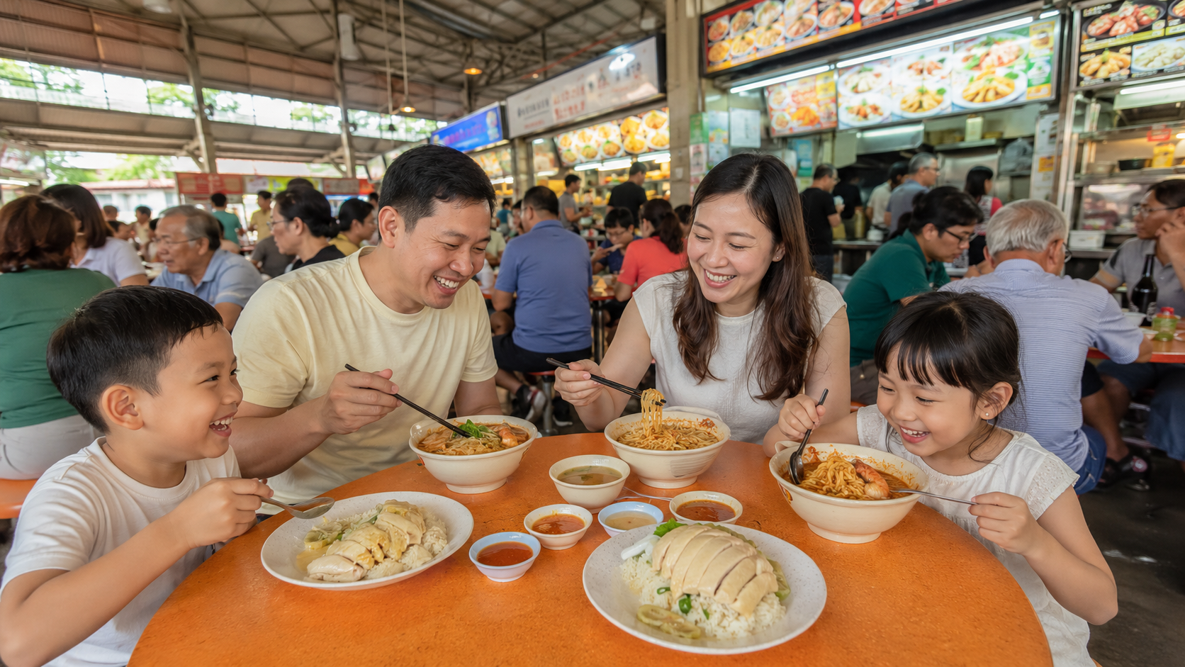 Keluarga Indonesia menikmati makan siang di hawker centre Singapore favorit warga lokal.