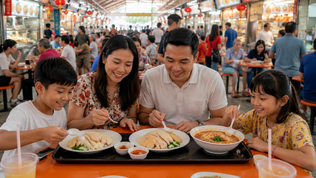Keluarga Indonesia menikmati Hainanese Chicken Rice di Maxwell Food Centre Singapore.
