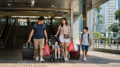 Keluarga Indonesia berjalan keluar dari MRT Singapore sambil membawa koper saat liburan.
