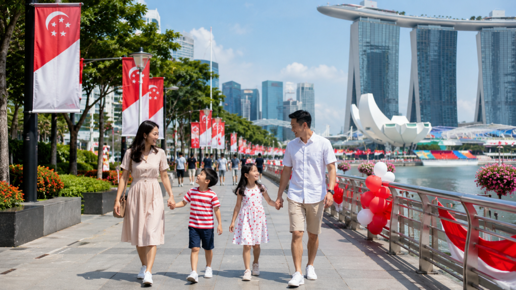 Suasana Marina Bay menjelang Singapore National Day bersama wisatawan keluarga Indonesia.