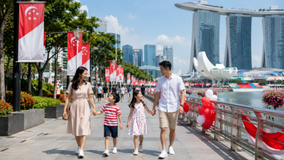 Keluarga Indonesia menuju National Day Concert Singapore 2026 di kawasan Marina Bay.