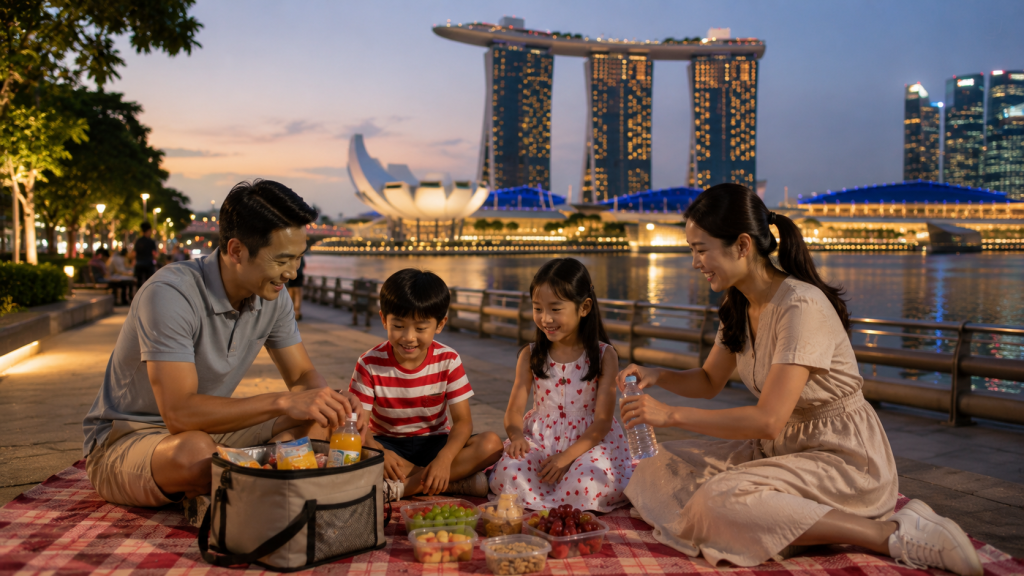 Keluarga Indonesia beristirahat sebelum menonton Singapore National Day.