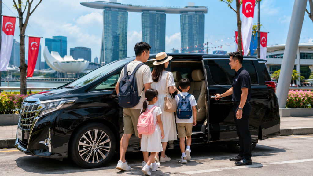 Keluarga Indonesia menggunakan private charter menuju National Day Concert Singapore.