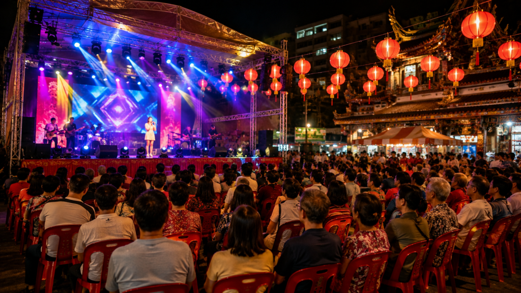 Suasana panggung Getai Show di Singapore saat Hungry Ghost Festival.
