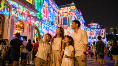 Keluarga Indonesia menikmati Singapore Night Festival dengan pertunjukan cahaya di kawasan Bras Basah Singapore.