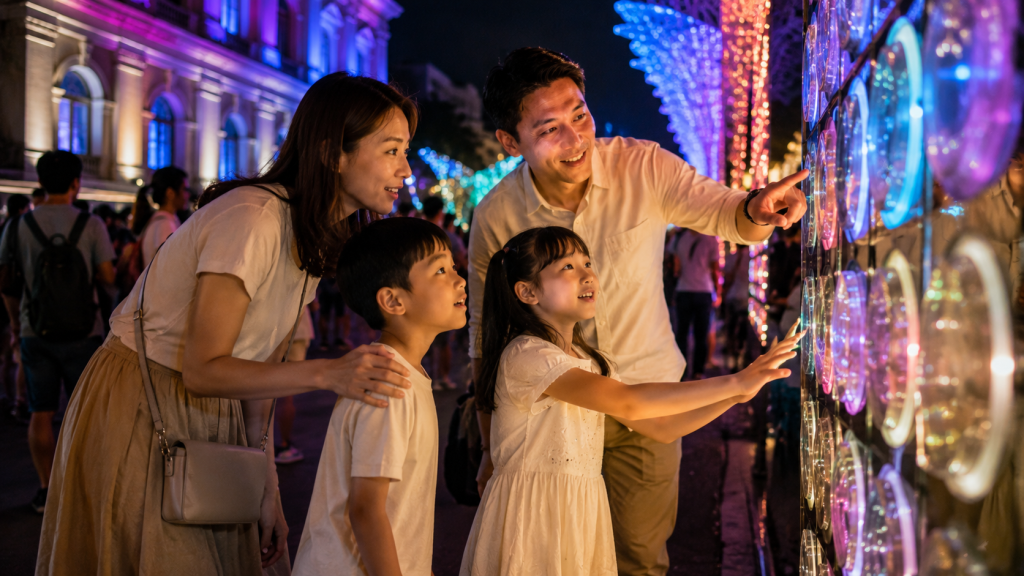 Keluarga Indonesia menikmati instalasi cahaya Singapore Night Festival.