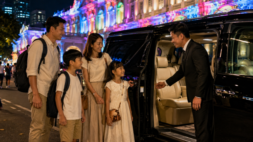 Keluarga Indonesia menggunakan private charter setelah Singapore Night Festival.