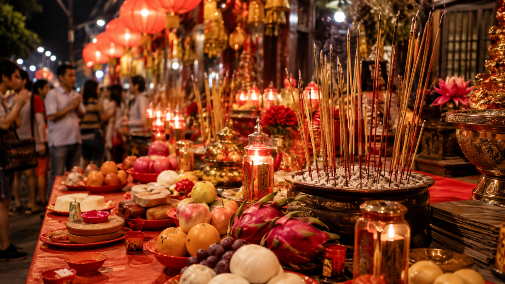 Persembahan tradisional Hungry Ghost Festival di Chinatown Singapore.
