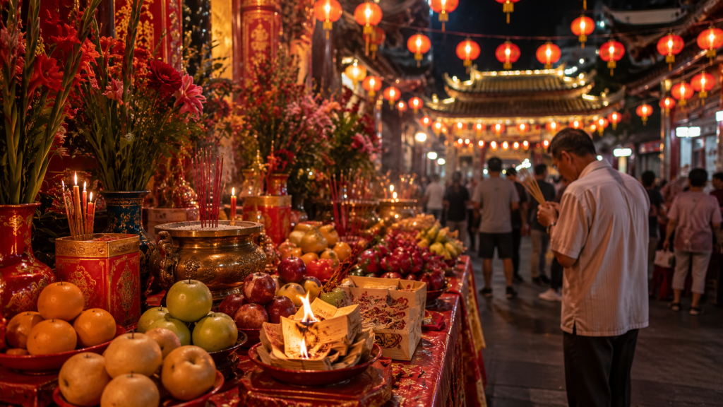 Persembahan tradisional Hungry Ghost Festival di Chinatown Singapore.