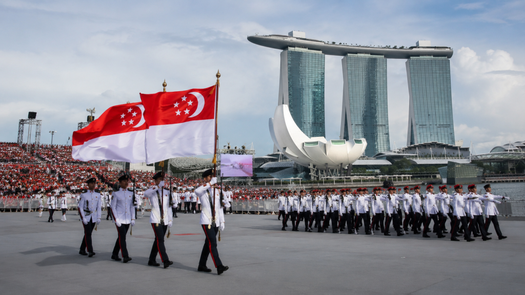 Suasana National Day Parade Singapore 2026 di Marina Bay.