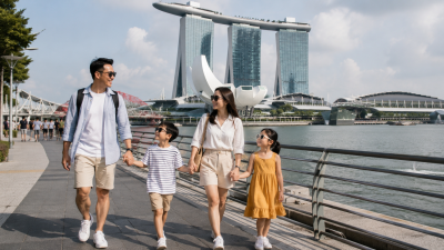 Keluarga Indonesia berjalan santai di Marina Bay Singapore.