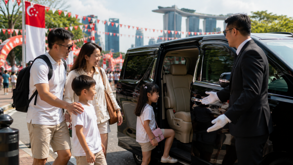 Keluarga Indonesia menggunakan layanan private charter setelah mengunjungi Majulah Fiesta Singapore.