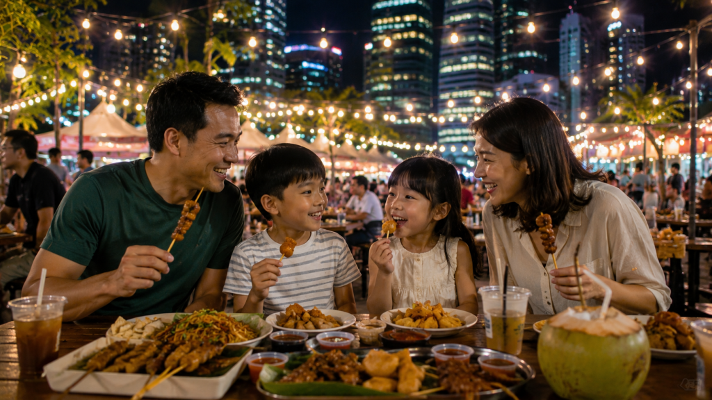 Keluarga Indonesia menikmati festival kuliner malam Street Eats Under The Stars bersama anak-anak.
