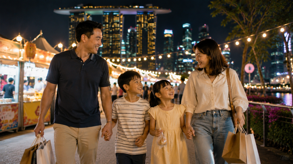 Keluarga Indonesia selesai menikmati Street Eats Under The Stars Singapore dengan suasana malam yang hangat.