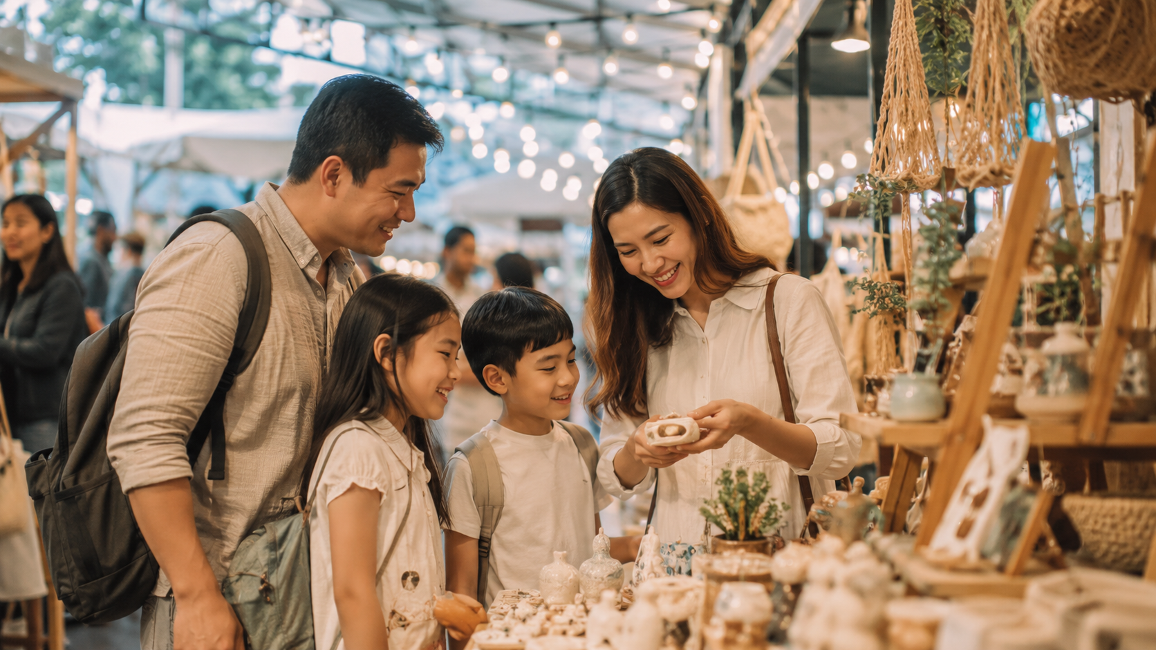 Keluarga Indonesia menikmati suasana The Makers Market Singapore Agustus 2026 sambil melihat produk handmade.