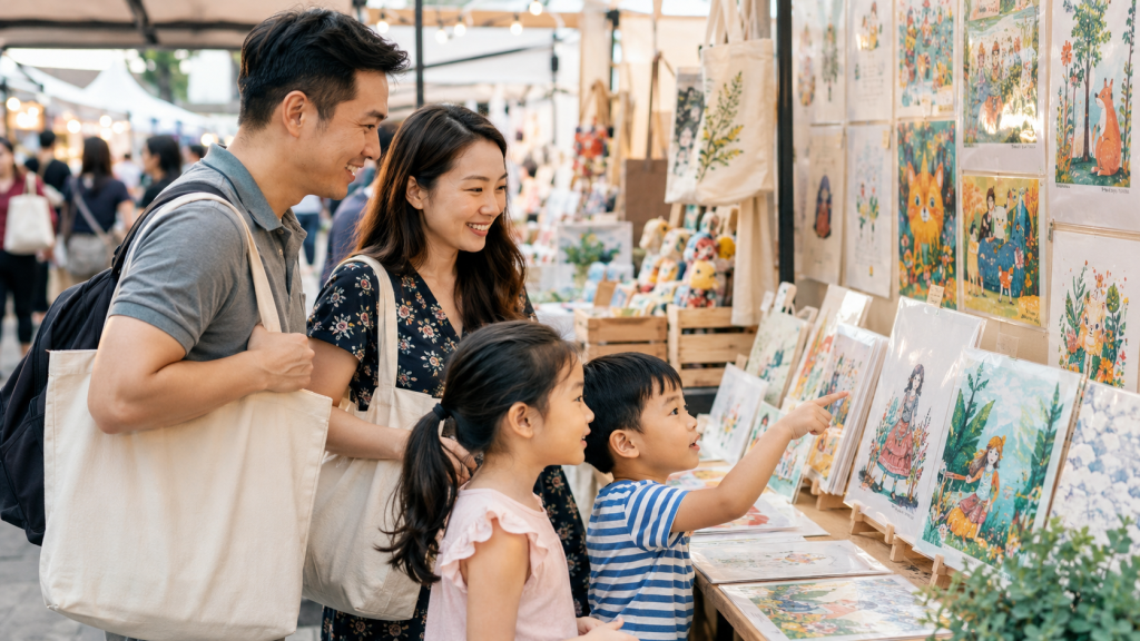 Wisatawan Indonesia berbelanja produk handmade di The Makers Market Singapore.