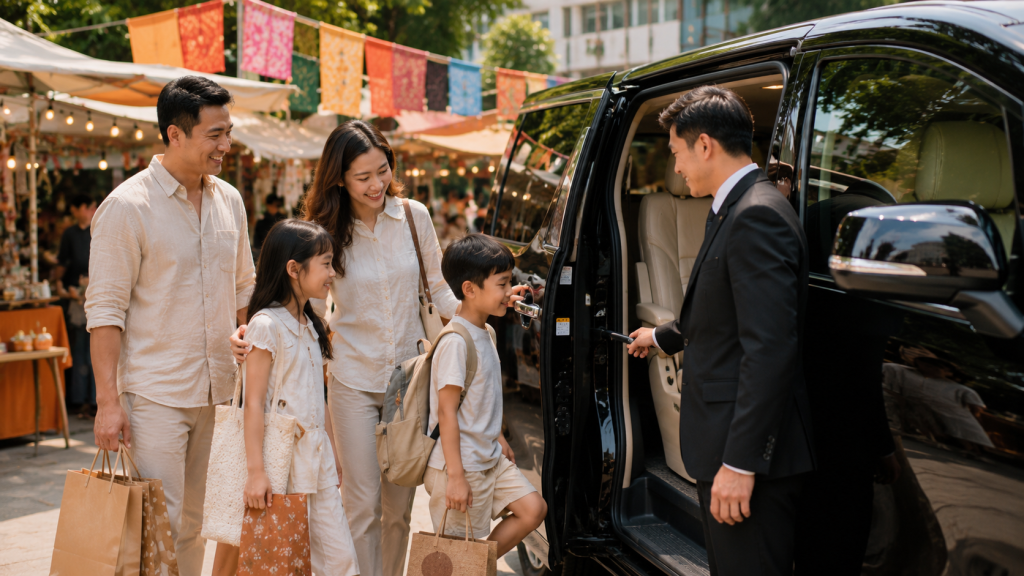 Keluarga Indonesia menggunakan private charter setelah berbelanja di The Makers Market Singapore.