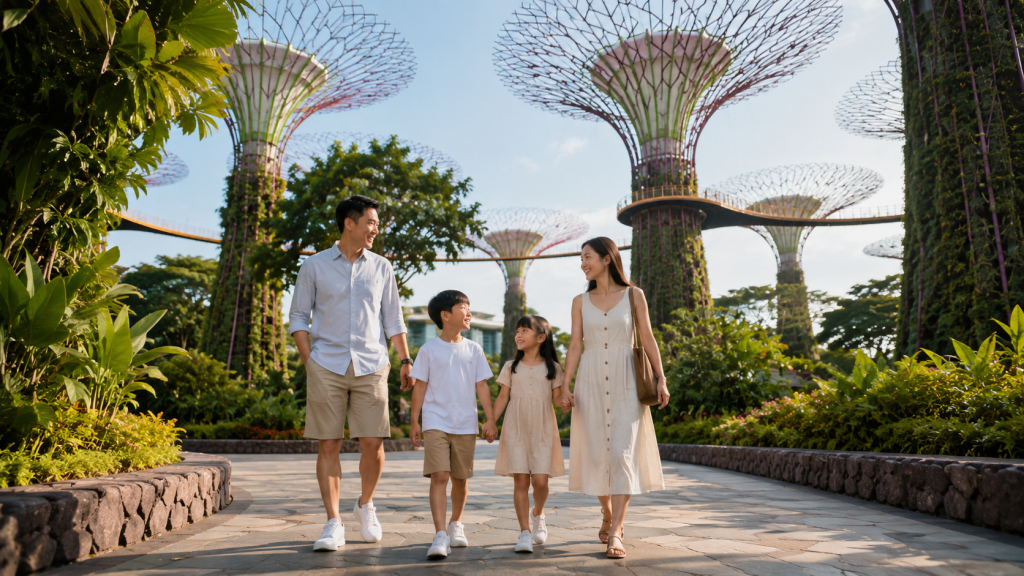 Keluarga berjalan di Gardens by the Bay setelah Formula 1 Exhibition