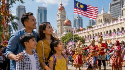 Keluarga Indonesia menikmati festival Malaysia Agustus 2026 dengan dekorasi Hari Merdeka.