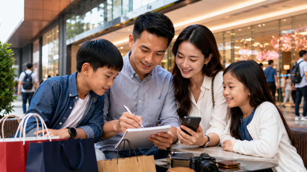 Keluarga Indonesia membuat daftar belanja sebelum Malaysia Mega Sale