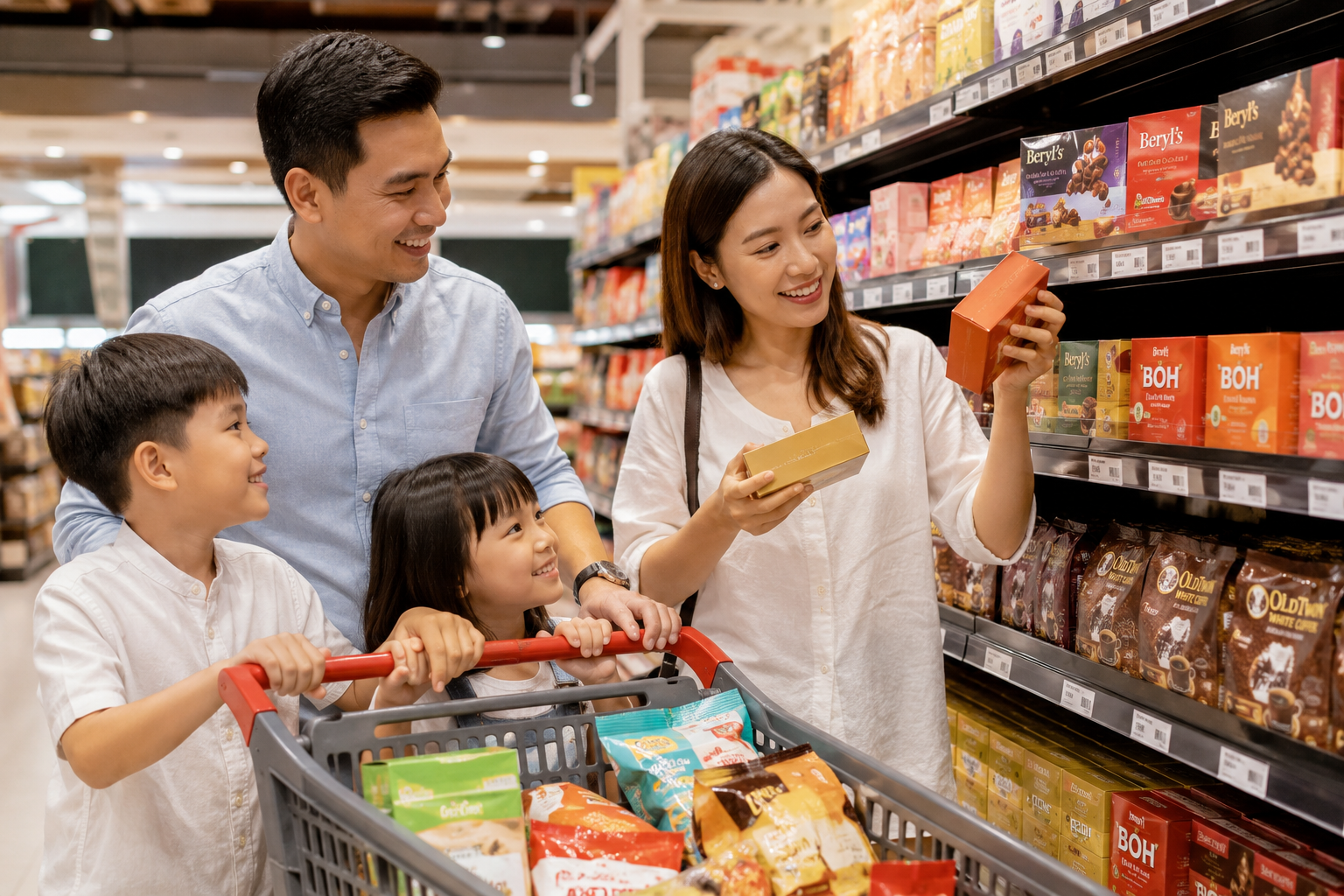 Keluarga Indonesia membeli oleh-oleh khas Malaysia di supermarket Kuala Lumpur.