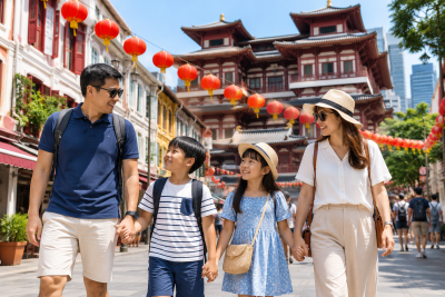 Keluarga Indonesia berjalan menikmati suasana Chinatown Singapore dengan latar Buddha Tooth Relic Temple.
