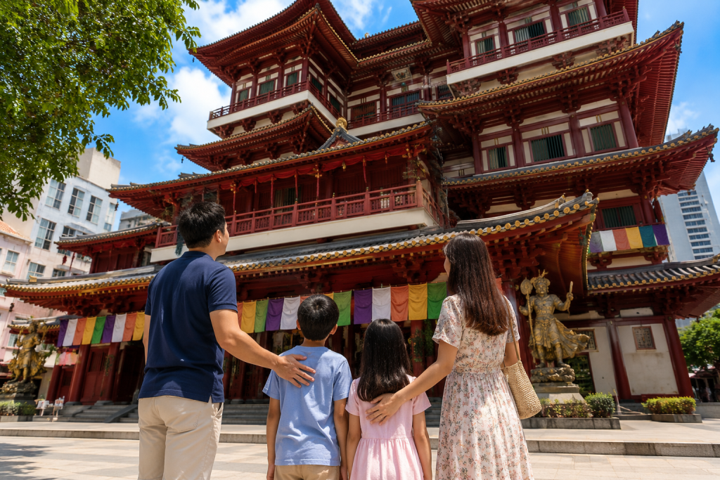 Keluarga Indonesia mengunjungi Buddha Tooth Relic Temple di Chinatown Singapore.