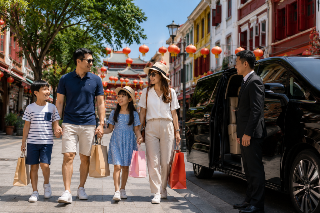 Keluarga Indonesia menggunakan layanan private charter setelah selesai berwisata di Chinatown Singapore.