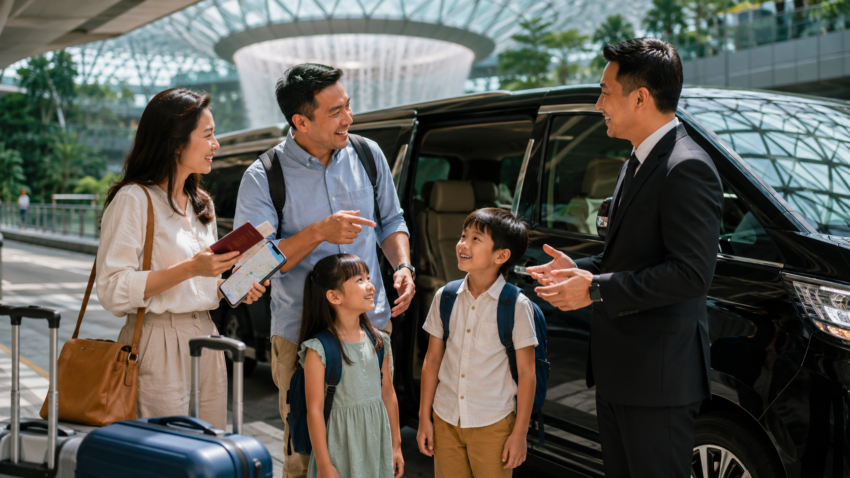 Private Charter Singapore menjemput keluarga Indonesia di Bandara Changi menggunakan Toyota Alphard.
