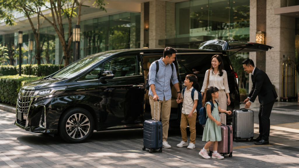 Private transfer berhenti di hotel sebelum melanjutkan perjalanan wisata di Singapore.