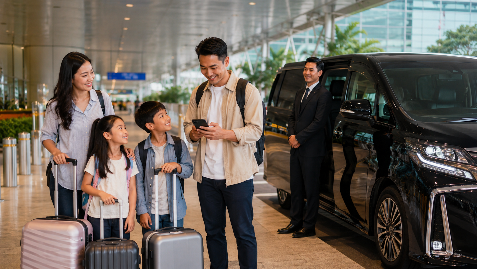 Keluarga Indonesia menuju Singapore Zoo dari Changi Airport menggunakan kendaraan dengan sopir.