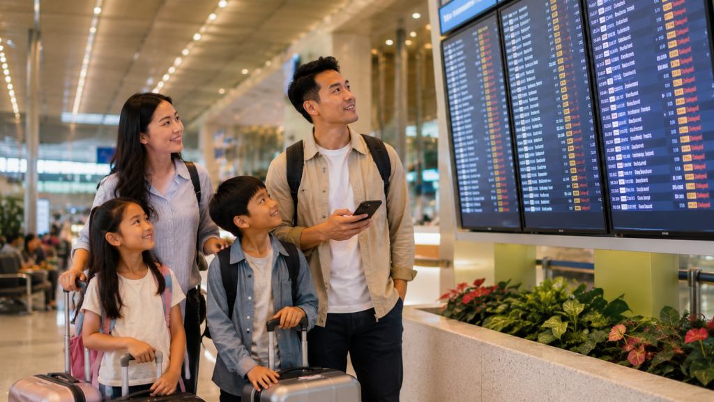 Keluarga Indonesia menghadapi penerbangan delay dengan airport transfer yang sudah dijadwalkan.