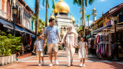 Keluarga Indonesia berjalan santai di Kampong Glam Singapore dengan latar Masjid Sultan