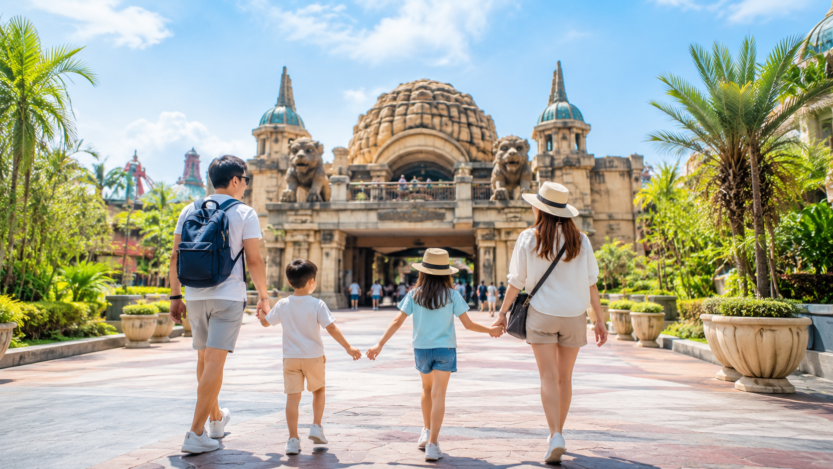 Keluarga Indonesia memasuki Sunway Lagoon Malaysia untuk liburan keluarga.
