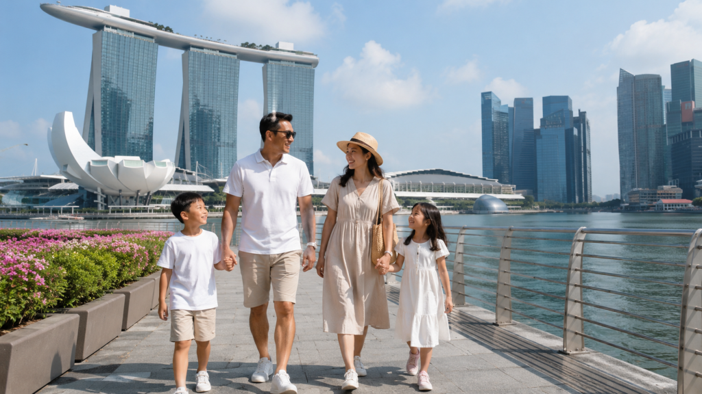Keluarga Indonesia menikmati pagi hari di Marina Bay Singapore.