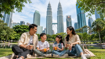 Keluarga Indonesia berfoto di KLCC Park dengan latar Petronas Twin Towers Kuala Lumpur.