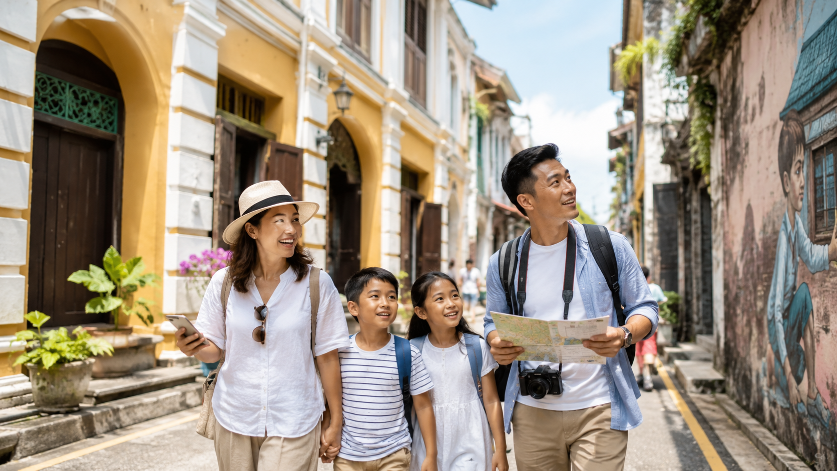 Keluarga Indonesia menikmati kawasan heritage George Town Penang Agustus 2026