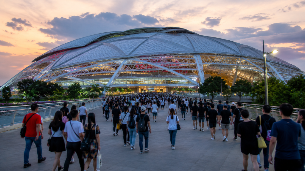 Suasana ramai di luar Singapore National Stadium menjelang konser internasional.